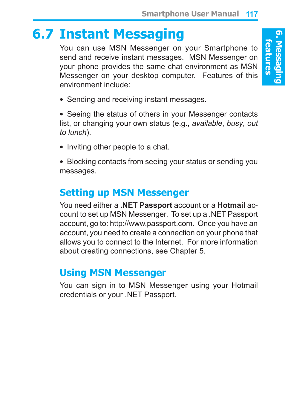 7 instant messaging, Setting up msn messenger, Using msn messenger | Audiovox SMT5600 User Manual | Page 117 / 211