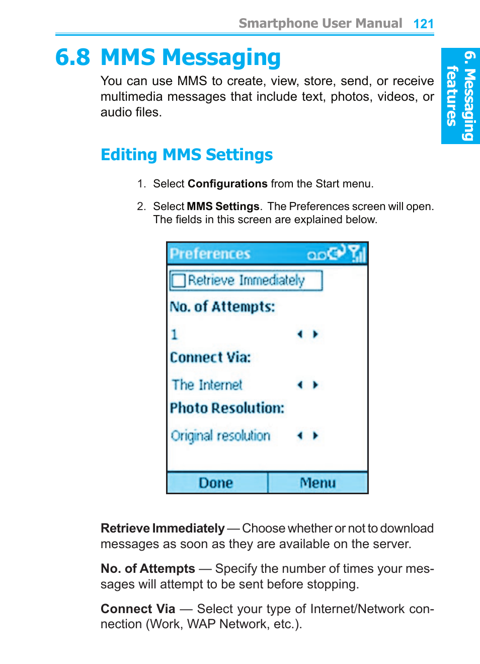 8 mms messaging, Editing mms settings | Audiovox SMT5600 User Manual | Page 121 / 211