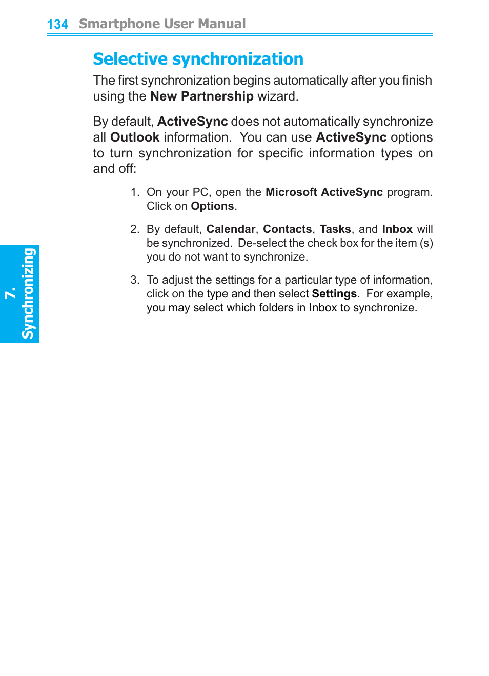 3 activesync server, Selective synchronization | Audiovox SMT5600 User Manual | Page 134 / 211