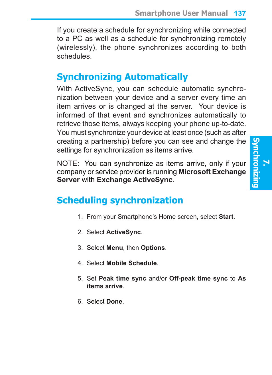 4 other information, Synchronizing automatically, Scheduling synchronization | Audiovox SMT5600 User Manual | Page 137 / 211