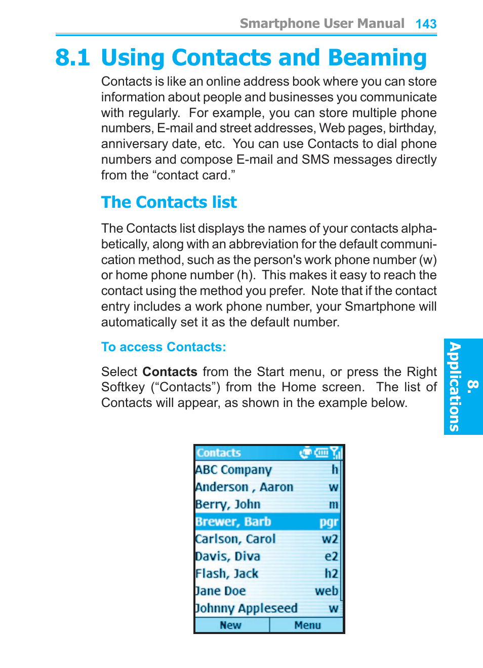 1 using contacts and beaming, The contacts list | Audiovox SMT5600 User Manual | Page 143 / 211