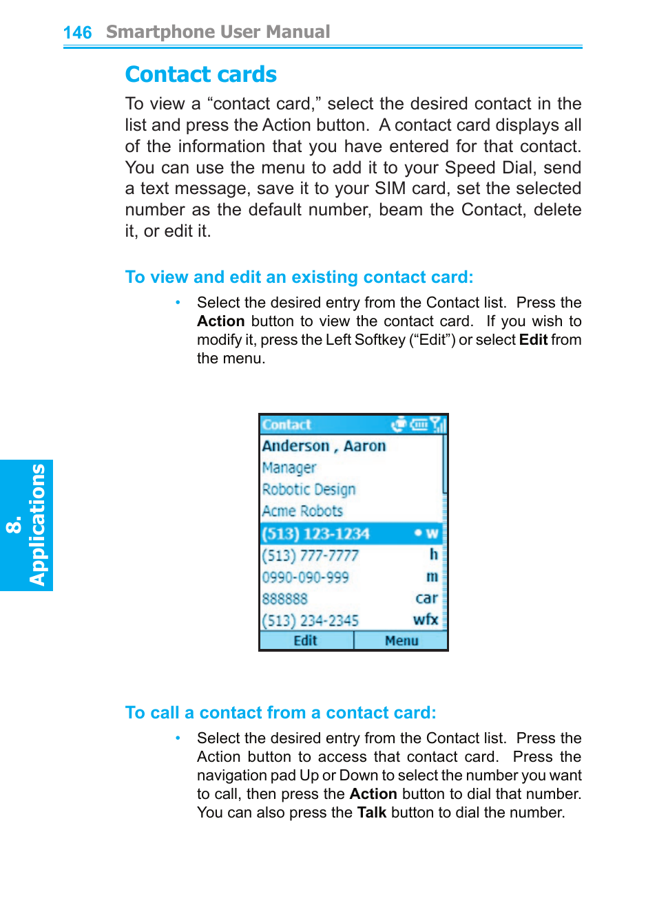 Contact cards, Applications | Audiovox SMT5600 User Manual | Page 146 / 211