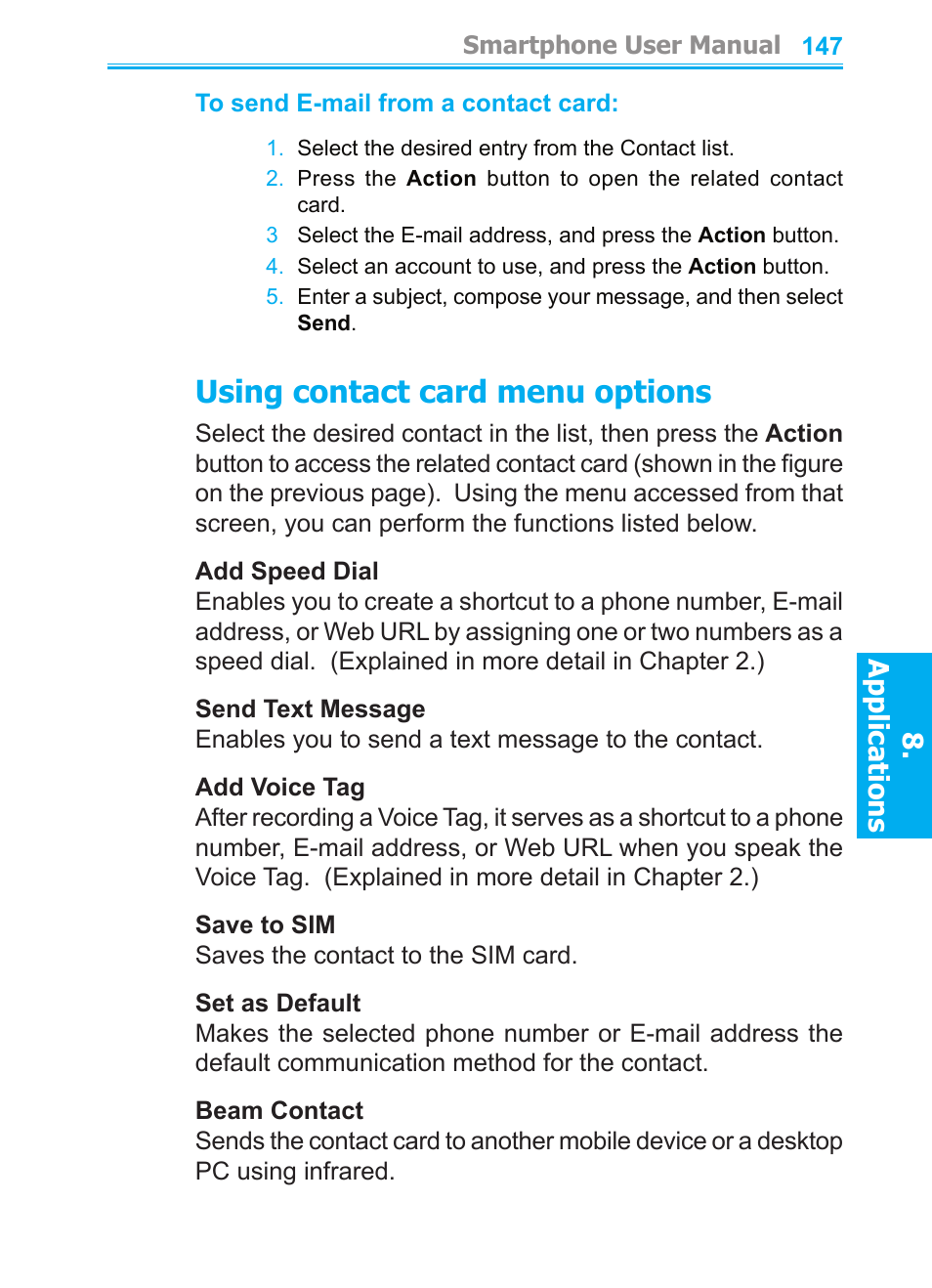 Using contact card menu options, Applications | Audiovox SMT5600 User Manual | Page 147 / 211