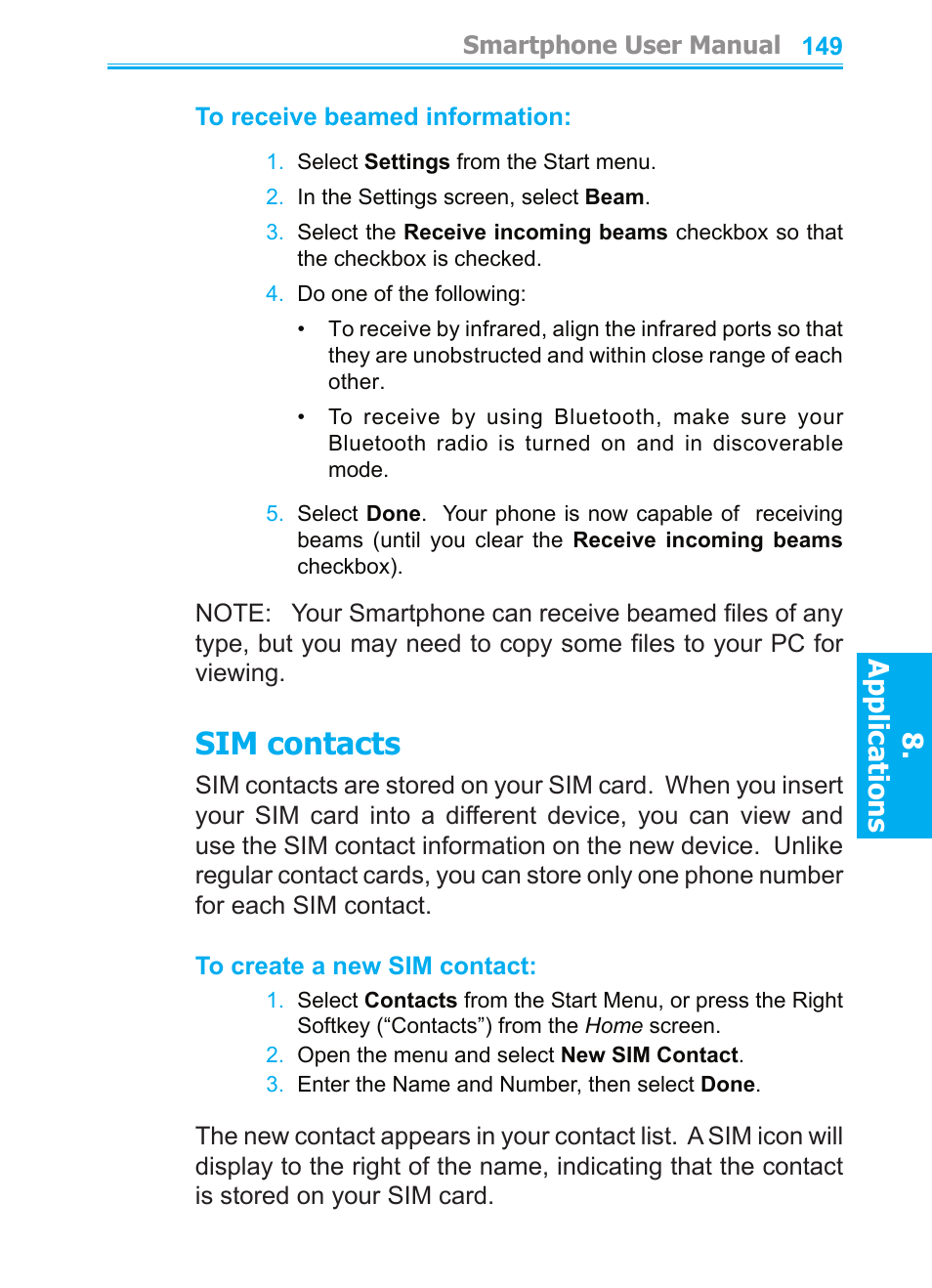 Sim contacts, Applications | Audiovox SMT5600 User Manual | Page 149 / 211