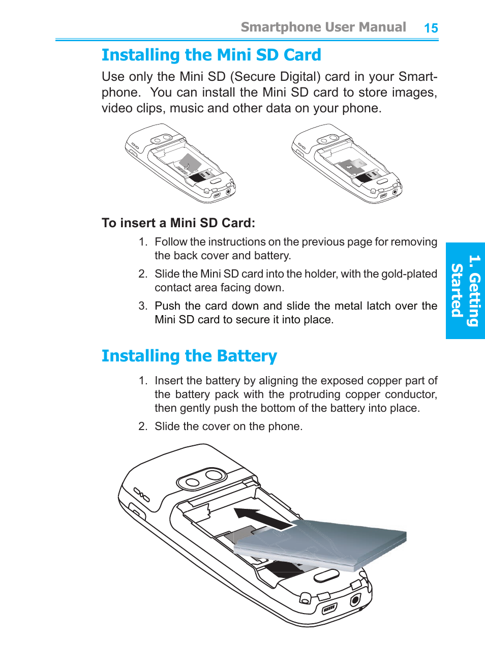 Installing the mini sd card, Installing the battery | Audiovox SMT5600 User Manual | Page 15 / 211