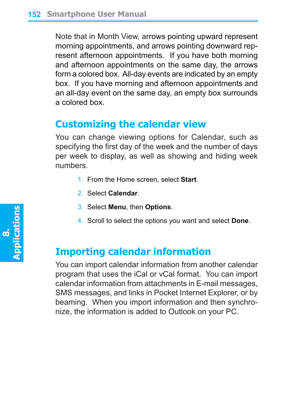 Customizing the calendar view, Importing calendar information | Audiovox SMT5600 User Manual | Page 152 / 211