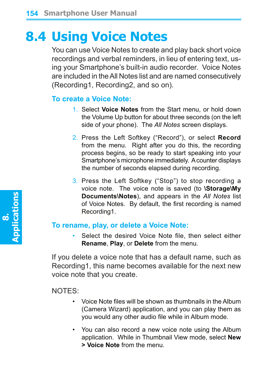 4 using voice notes, Applications | Audiovox SMT5600 User Manual | Page 154 / 211