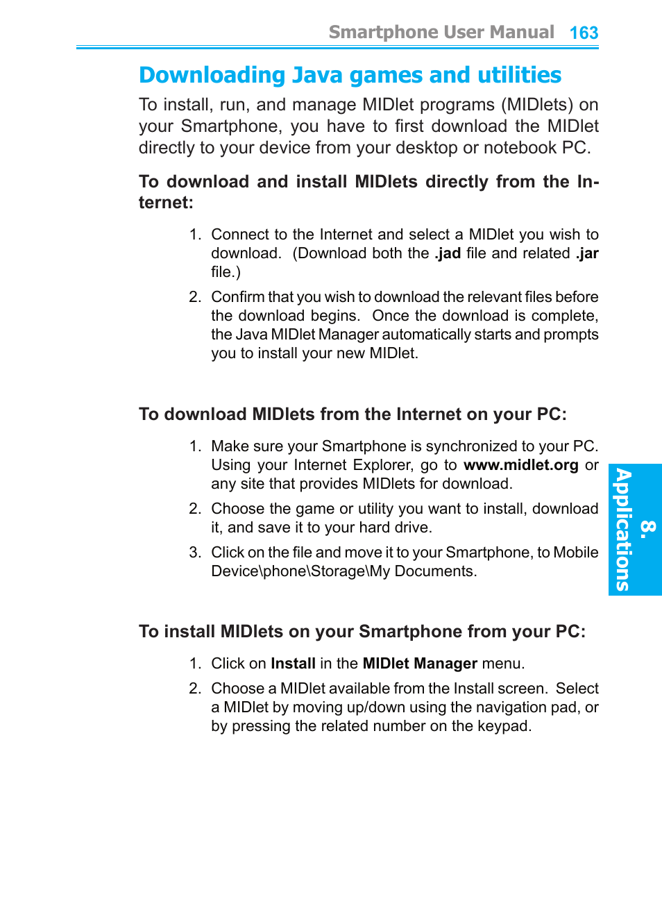 Downloading java games and utilities, Applications | Audiovox SMT5600 User Manual | Page 163 / 211