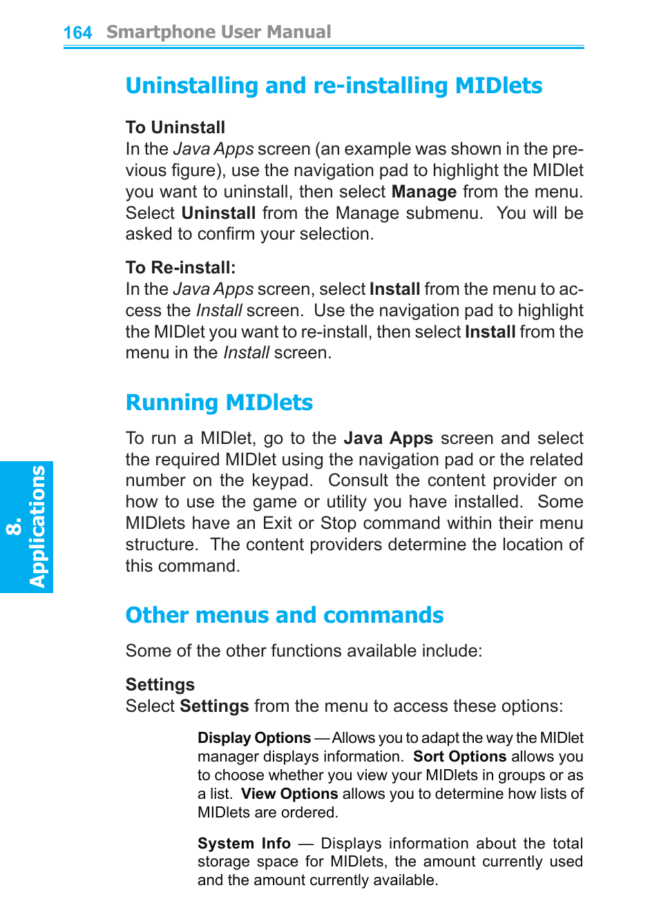 Uninstalling and re-installing midlets, Running midlets, Other menus and commands | Audiovox SMT5600 User Manual | Page 164 / 211