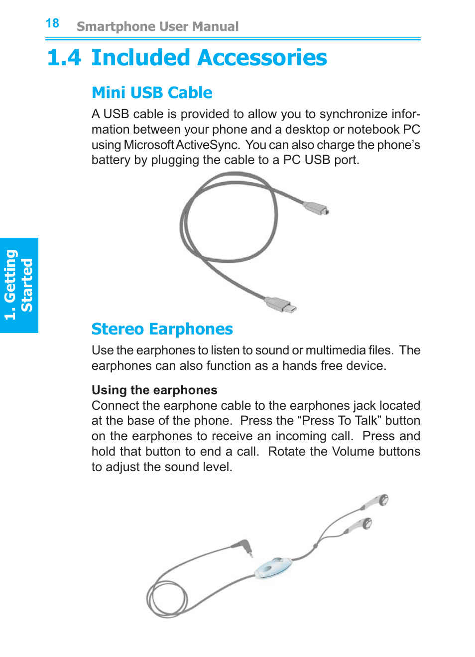 4 included accessories, Mini usb cable, Stereo earphones | Audiovox SMT5600 User Manual | Page 18 / 211