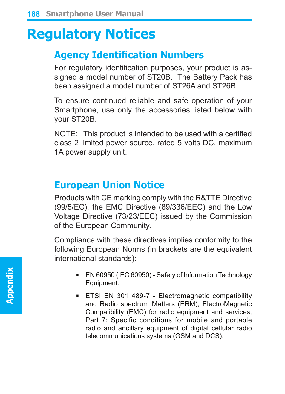 Regulatory notices, Agency identification numbers, European union notice | Audiovox SMT5600 User Manual | Page 188 / 211