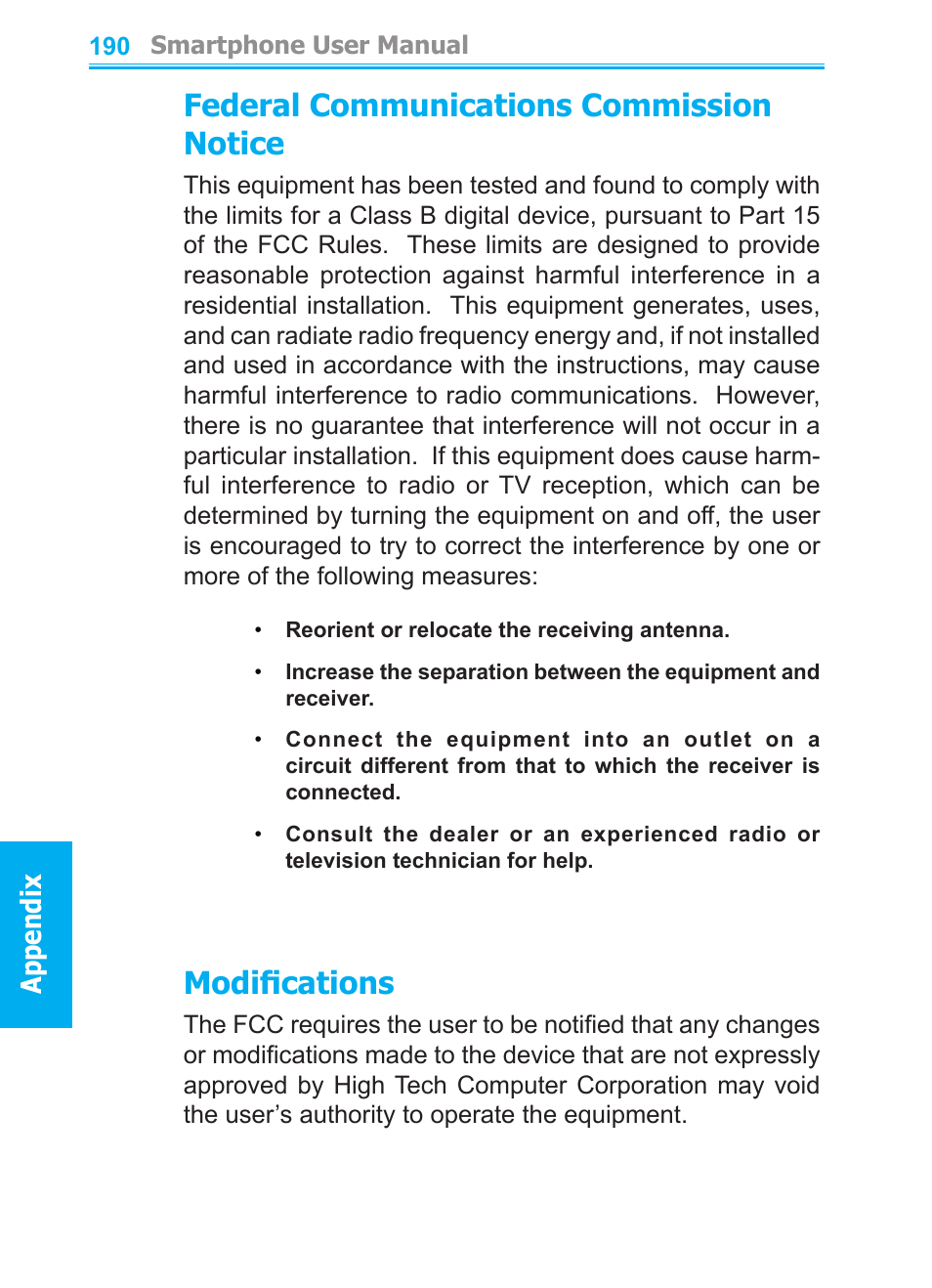 Federal communications commission notice, Modifications | Audiovox SMT5600 User Manual | Page 190 / 211