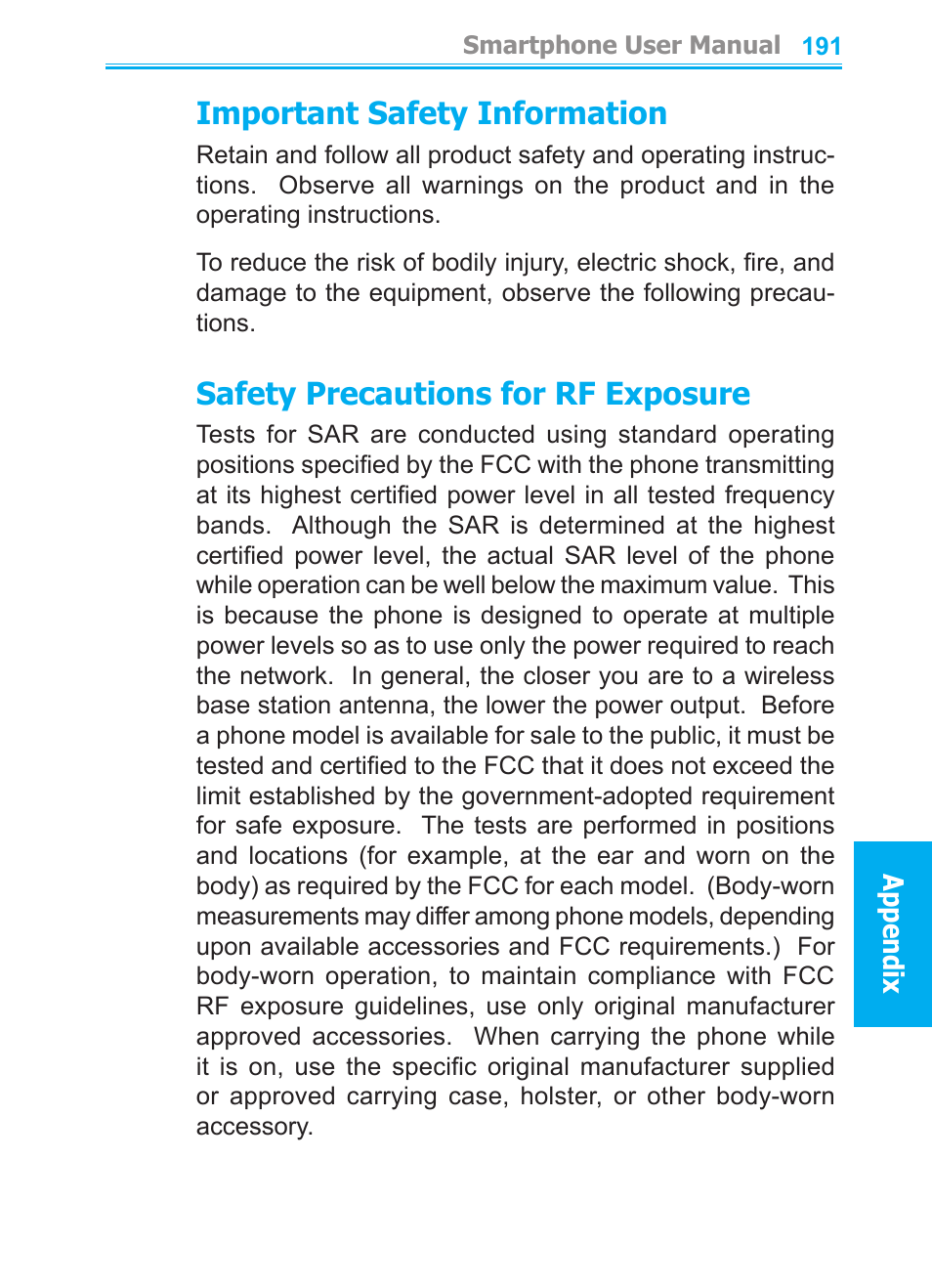 Important safety information, Safety precautions for rf exposure | Audiovox SMT5600 User Manual | Page 191 / 211