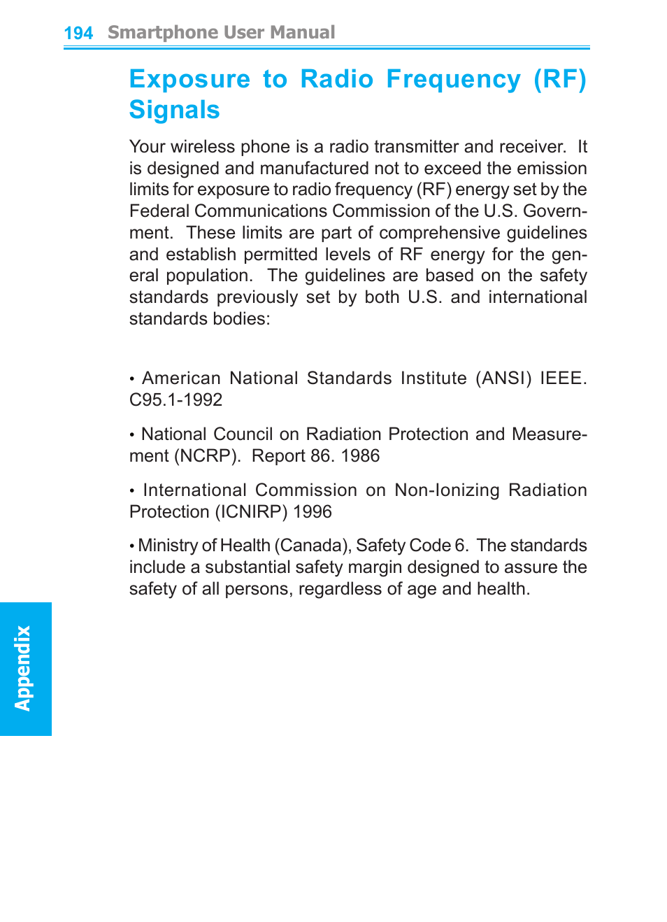 Exposure to radio frequency (rf) signals | Audiovox SMT5600 User Manual | Page 194 / 211