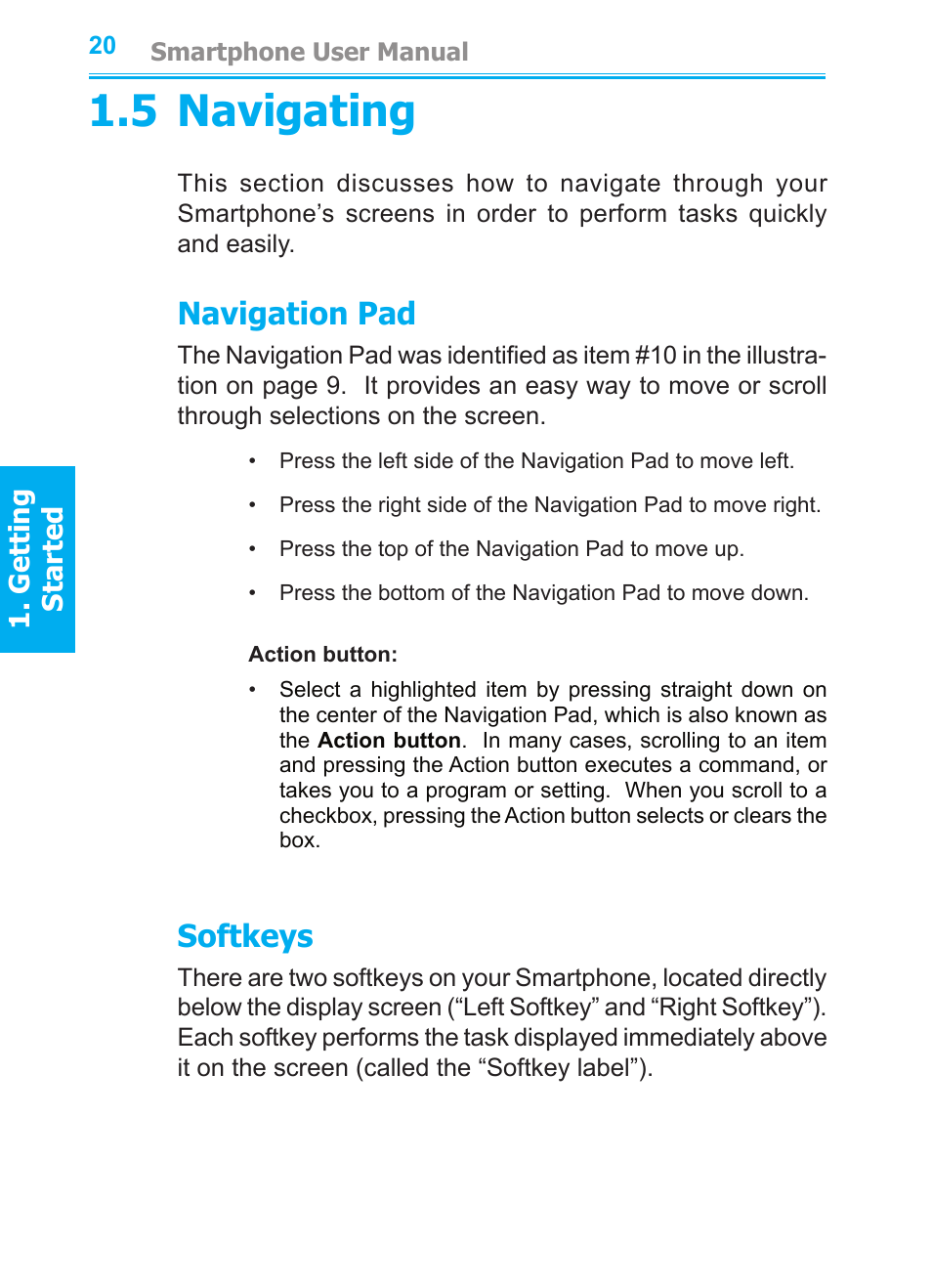 5 navigating, Navigation pad, Softkeys | Audiovox SMT5600 User Manual | Page 20 / 211