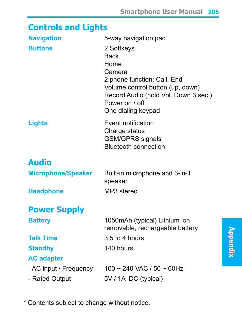 Controls and lights, Audio, Power supply | Audiovox SMT5600 User Manual | Page 205 / 211