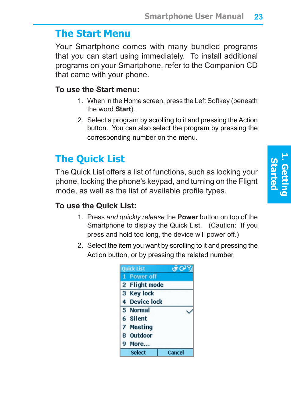 The start menu, The quick list | Audiovox SMT5600 User Manual | Page 23 / 211