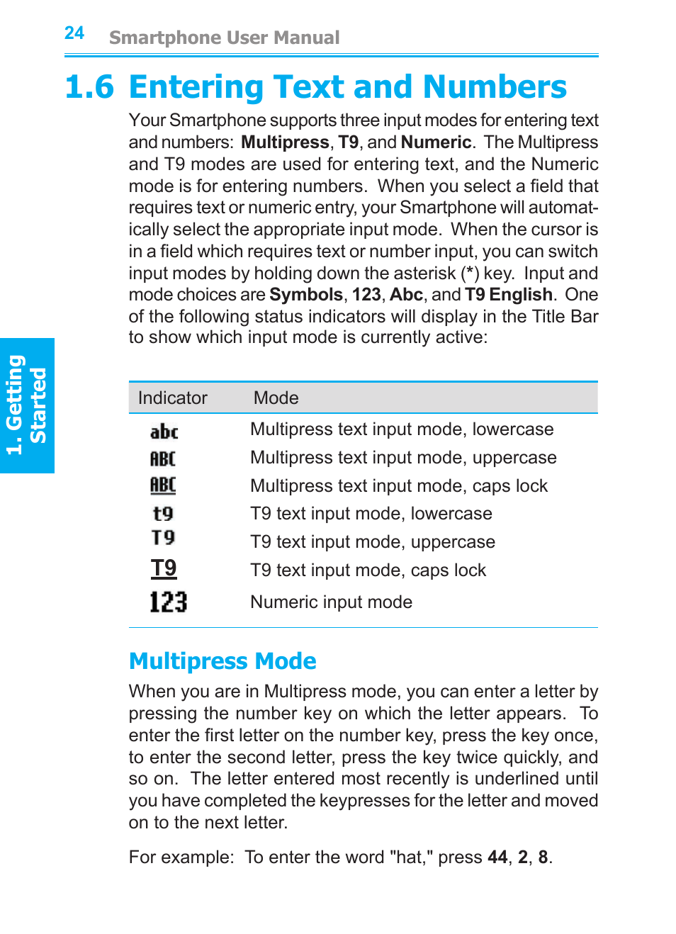 6 entering text and numbers, Multipress mode | Audiovox SMT5600 User Manual | Page 24 / 211