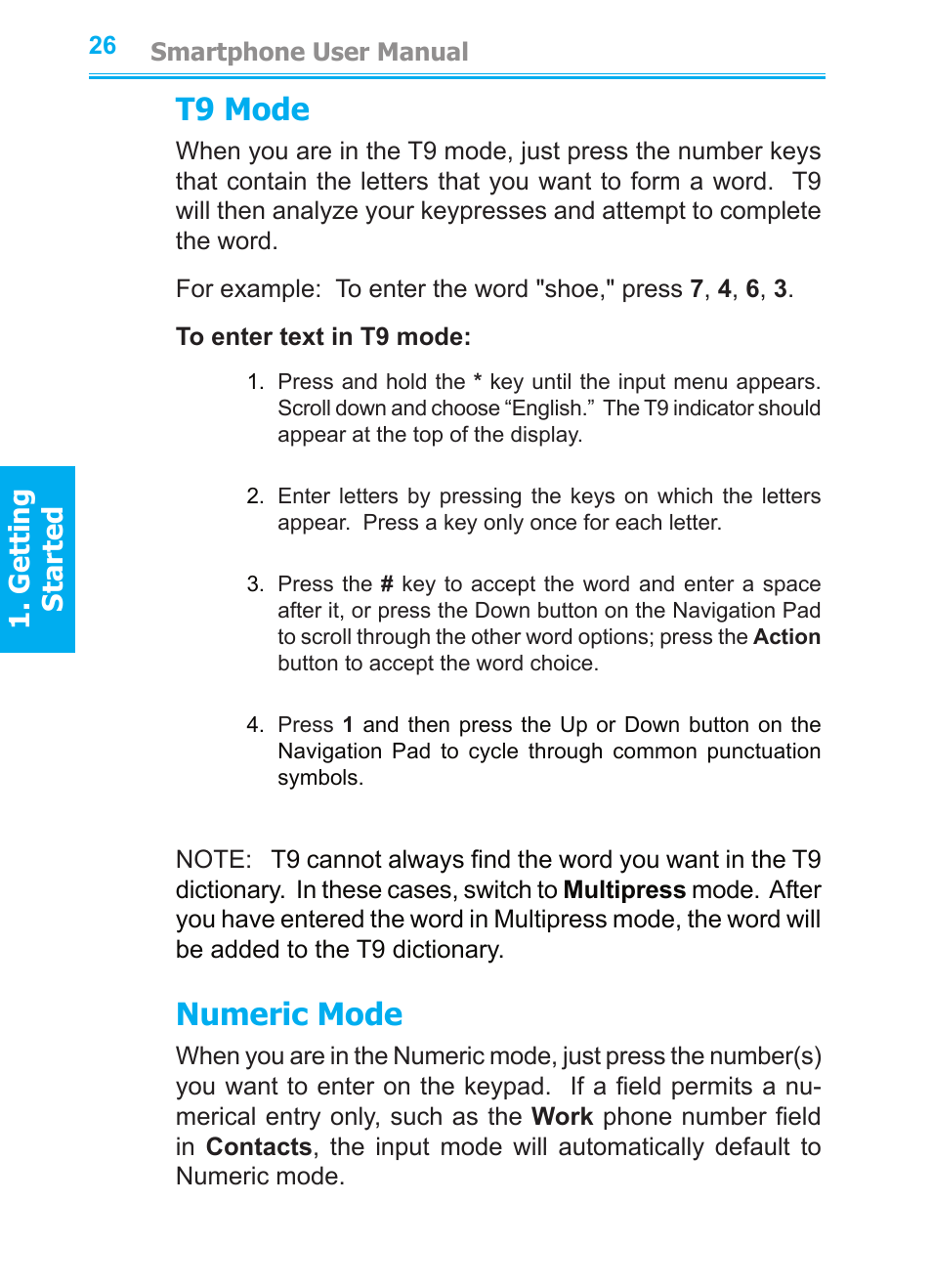 T9 mode, Numeric mode, Getting started | Audiovox SMT5600 User Manual | Page 26 / 211