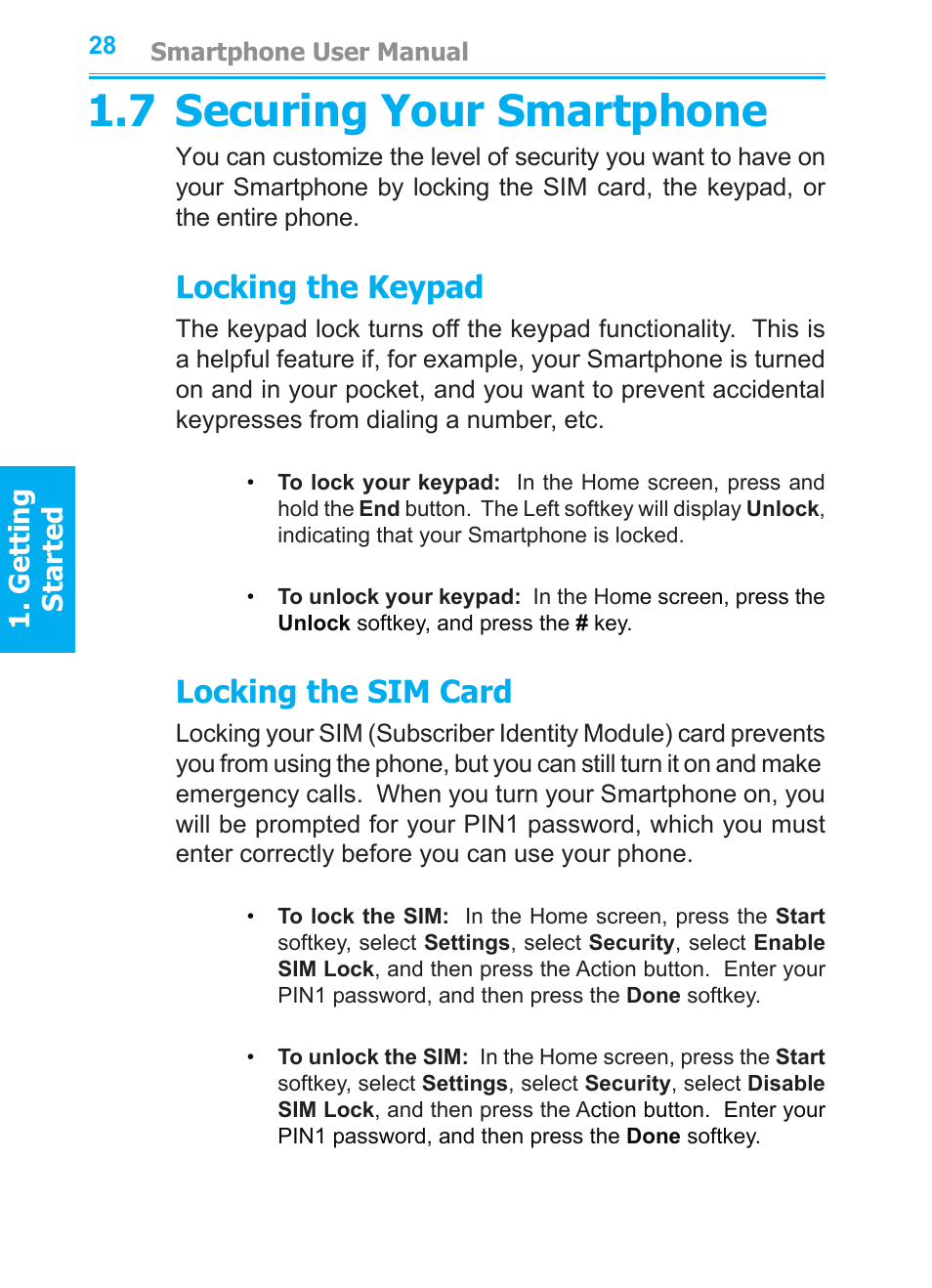 7 securing your smartphone, Locking the keypad, Locking the sim card | Getting started | Audiovox SMT5600 User Manual | Page 28 / 211