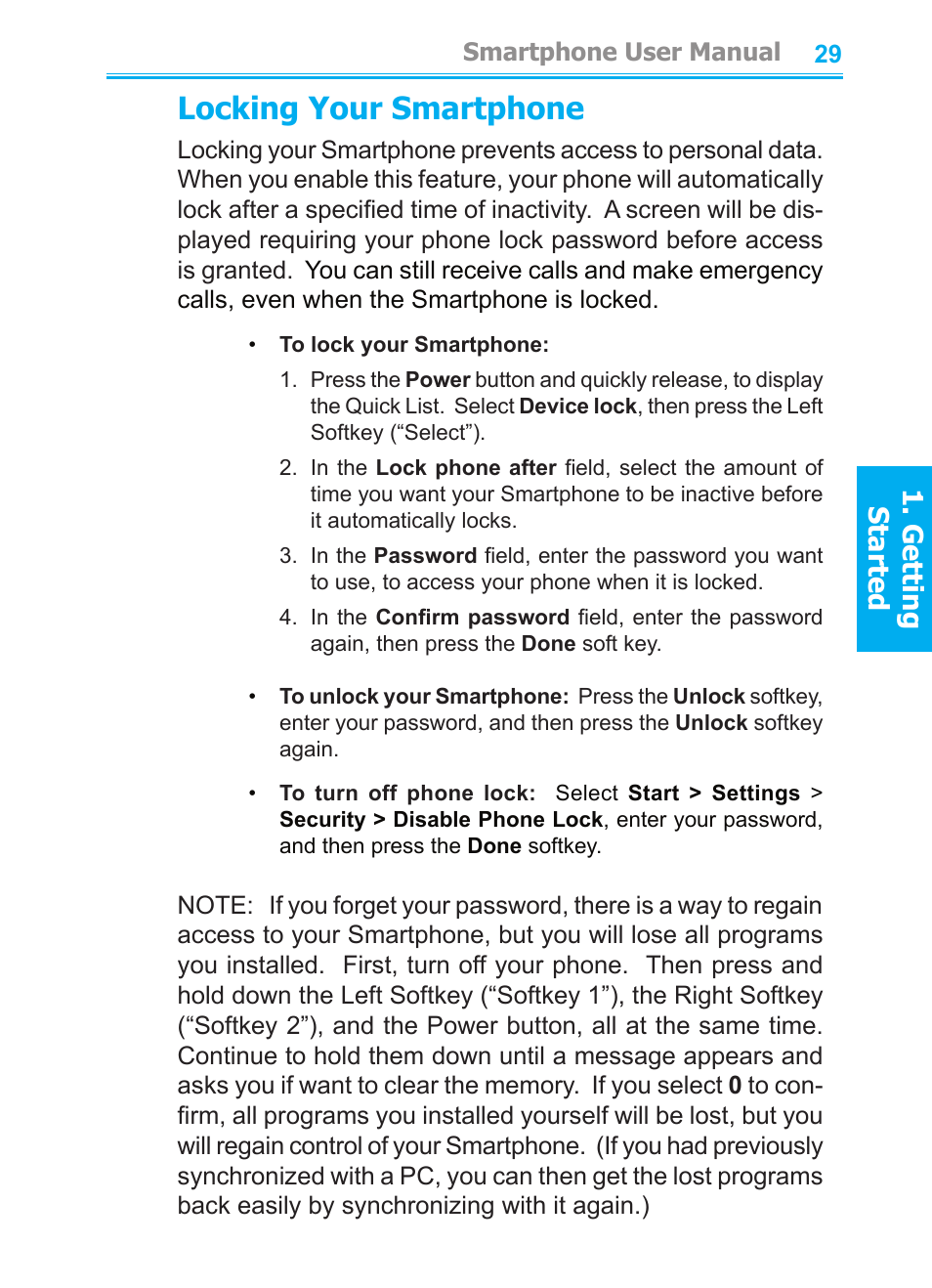 Locking your smartphone, Getting started | Audiovox SMT5600 User Manual | Page 29 / 211