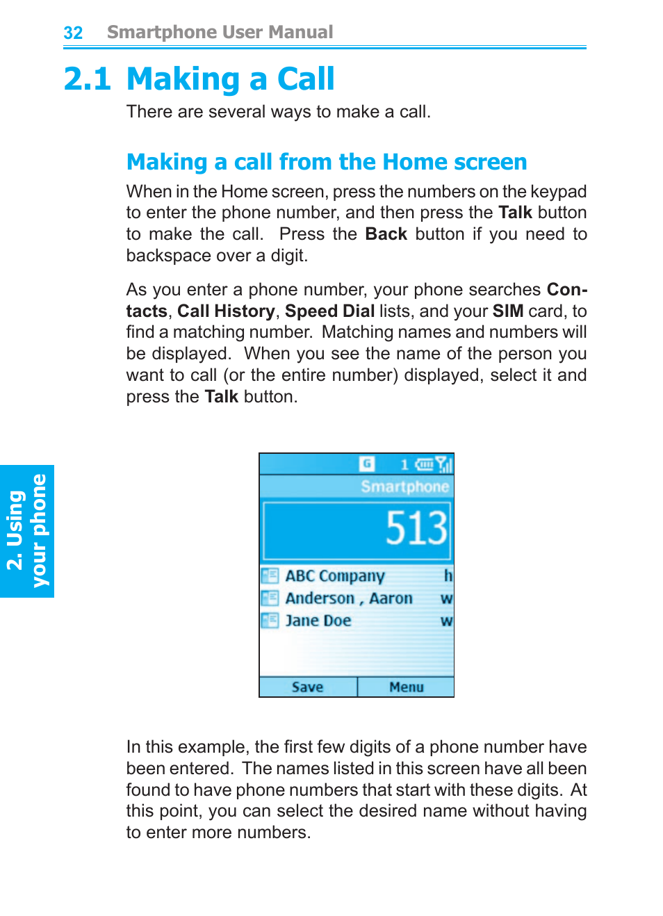 1 making a call, Making a call from the home screen | Audiovox SMT5600 User Manual | Page 32 / 211