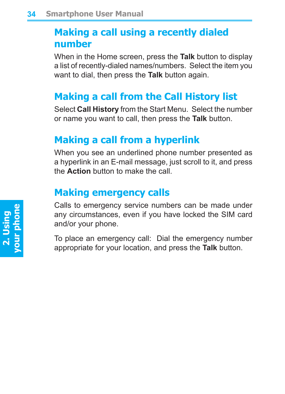 Making a call using a recently dialed number, Making a call from the call history list, Making a call from a hyperlink | Making emergency calls | Audiovox SMT5600 User Manual | Page 34 / 211