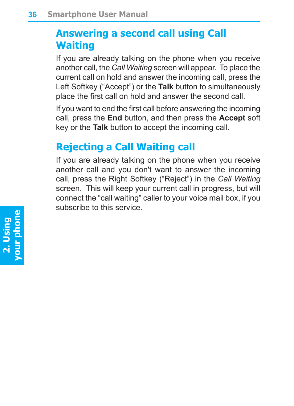 Answering a second call using call waiting, Rejecting a call waiting call | Audiovox SMT5600 User Manual | Page 36 / 211