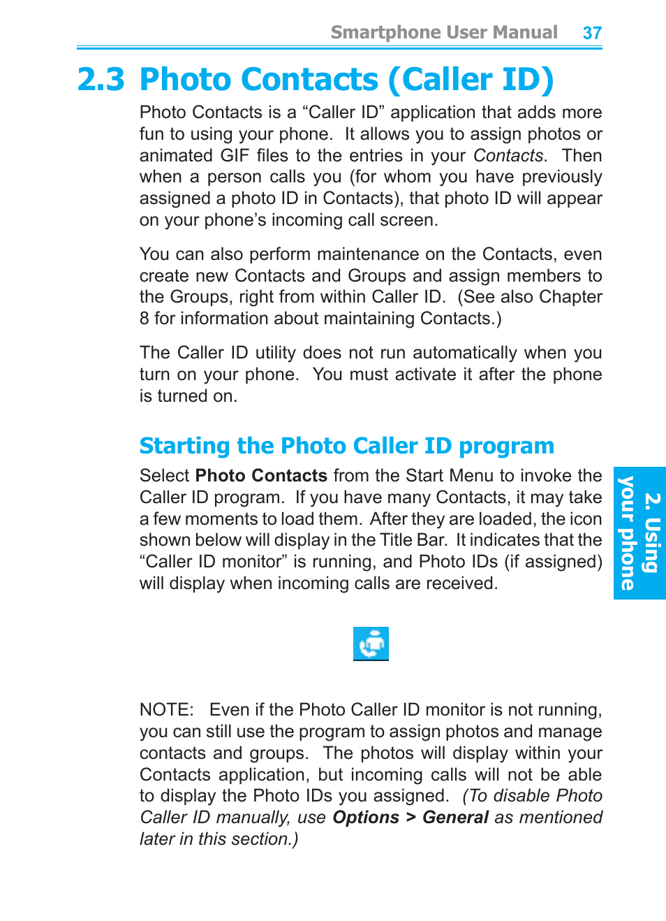 3 photo contacts (caller id), Starting the photo caller id program | Audiovox SMT5600 User Manual | Page 37 / 211