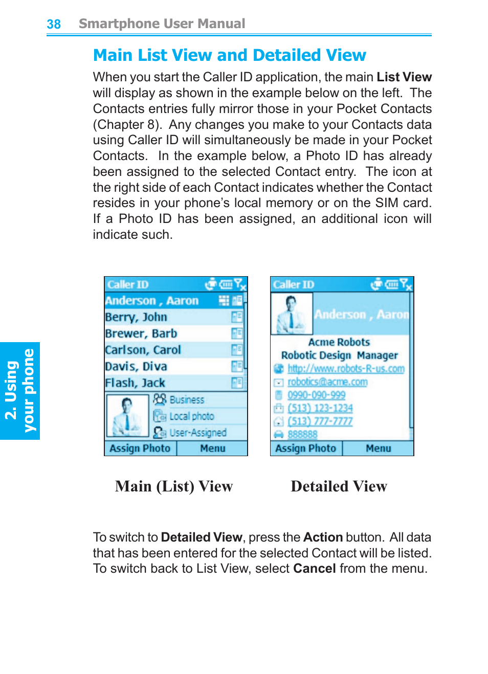 Main list view and detailed view, Main (list) view detailed view | Audiovox SMT5600 User Manual | Page 38 / 211