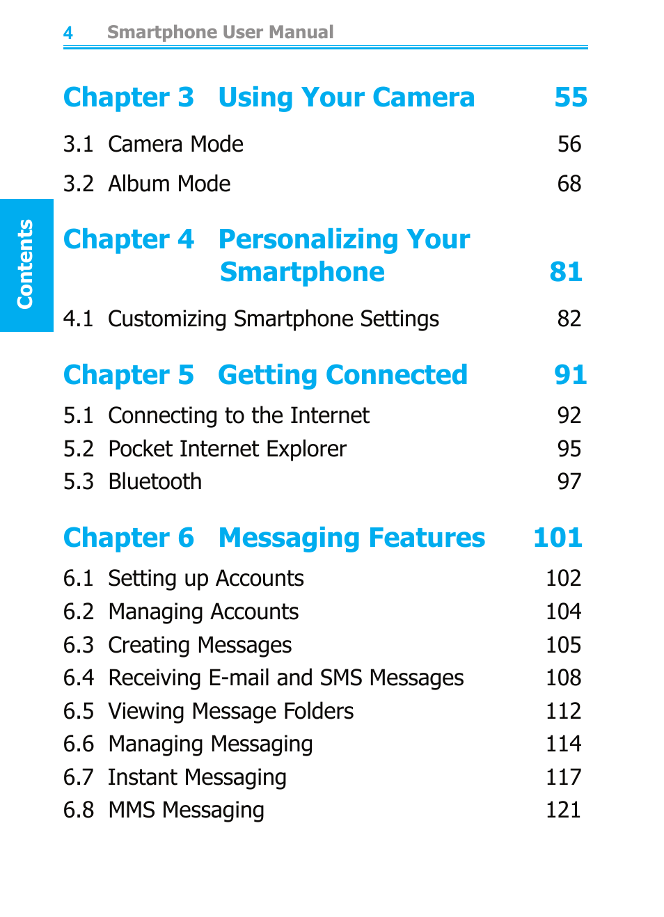 Chapter 3 using your camera 55, Chapter 4 personalizing your smartphone 81, Chapter 5 getting connected 91 | Chapter 6 messaging features 101 | Audiovox SMT5600 User Manual | Page 4 / 211