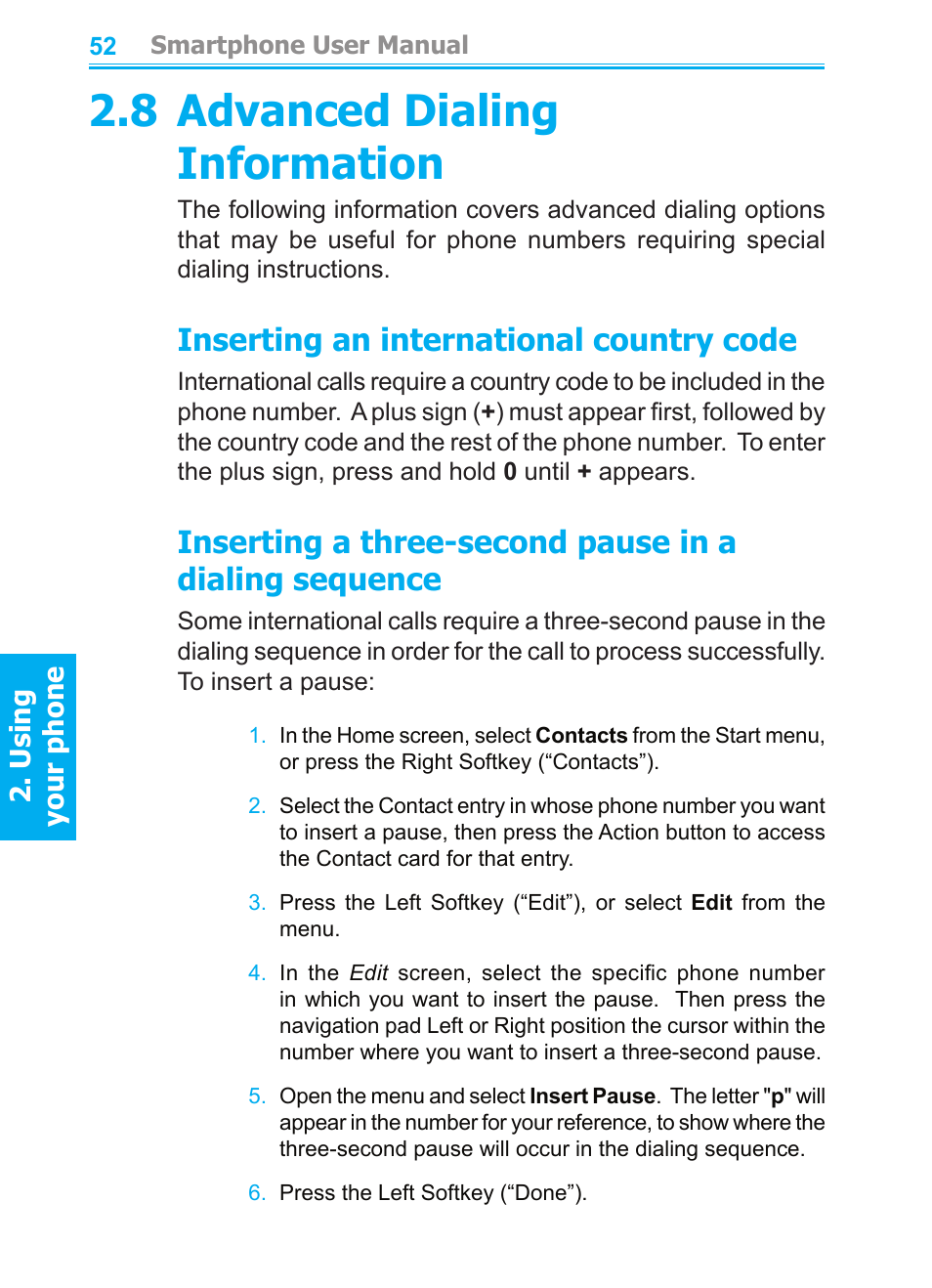 8 advanced dialing information, Inserting an international country code | Audiovox SMT5600 User Manual | Page 52 / 211