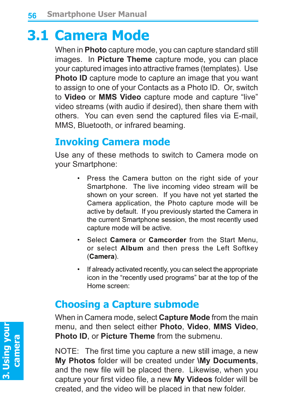 1 camera mode, Invoking camera mode, Choosing a capture submode | Audiovox SMT5600 User Manual | Page 56 / 211