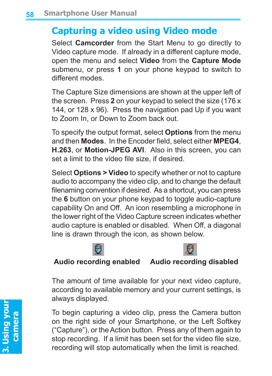 Capturing a video using video mode | Audiovox SMT5600 User Manual | Page 58 / 211