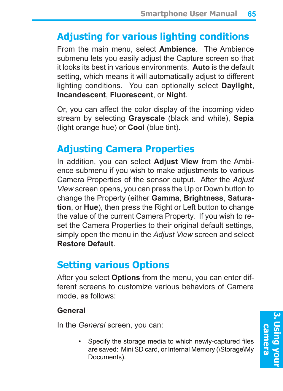 Adjusting for various lighting conditions, Adjusting camera properties, Setting various options | Audiovox SMT5600 User Manual | Page 65 / 211