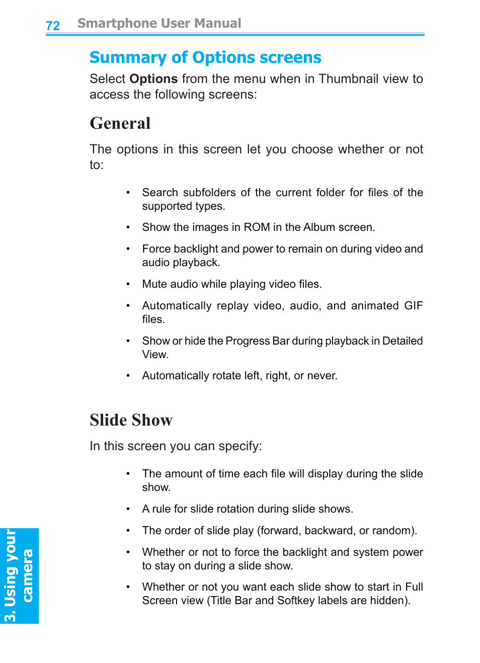 General, Slide show, Summary of options screens | Audiovox SMT5600 User Manual | Page 72 / 211