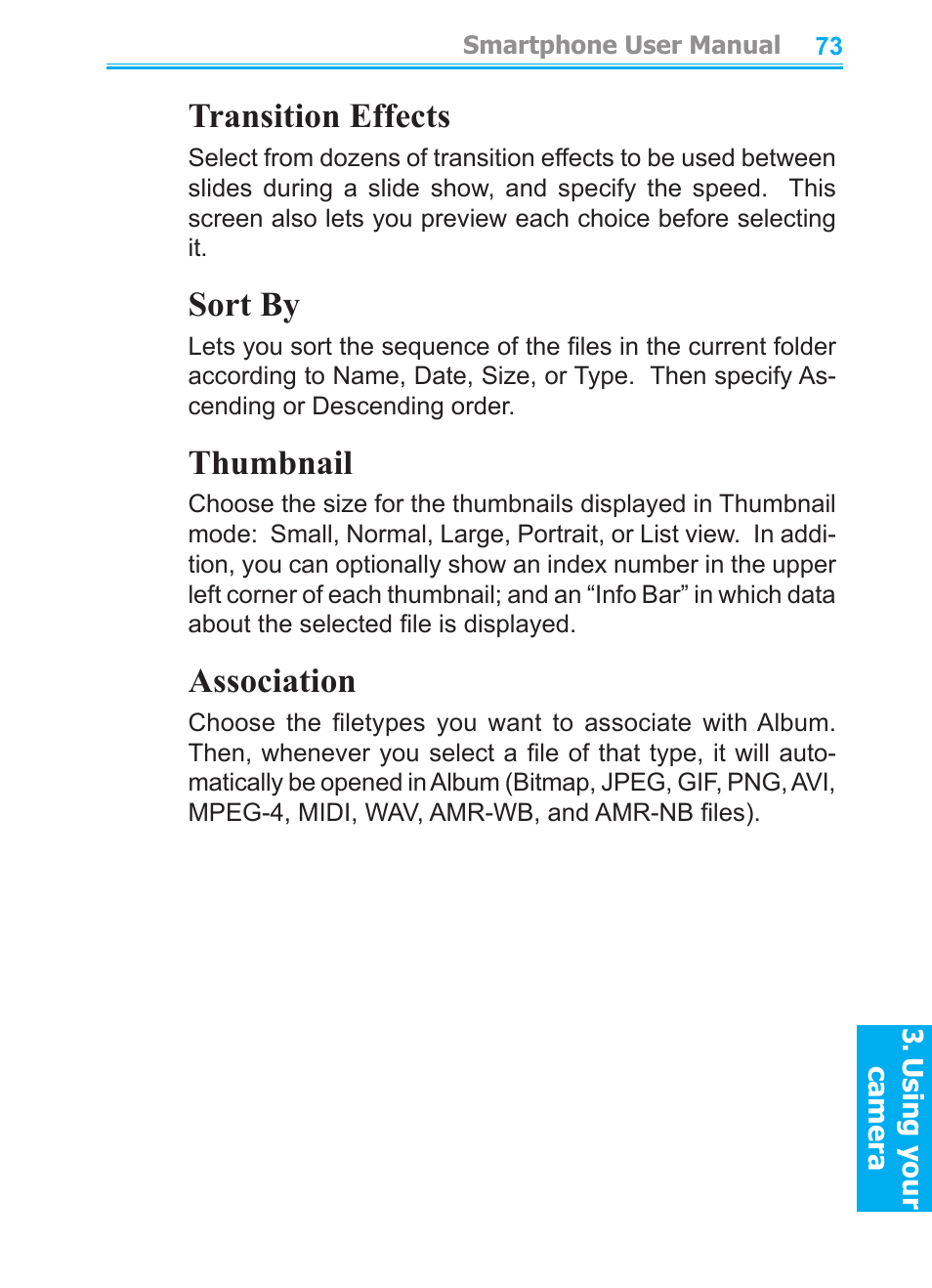 Transition effects, Sort by, Thumbnail | Association | Audiovox SMT5600 User Manual | Page 73 / 211