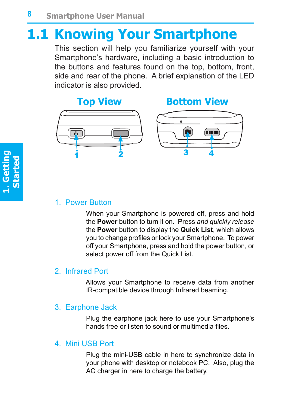1 knowing your smartphone, Top view bottom view | Audiovox SMT5600 User Manual | Page 8 / 211