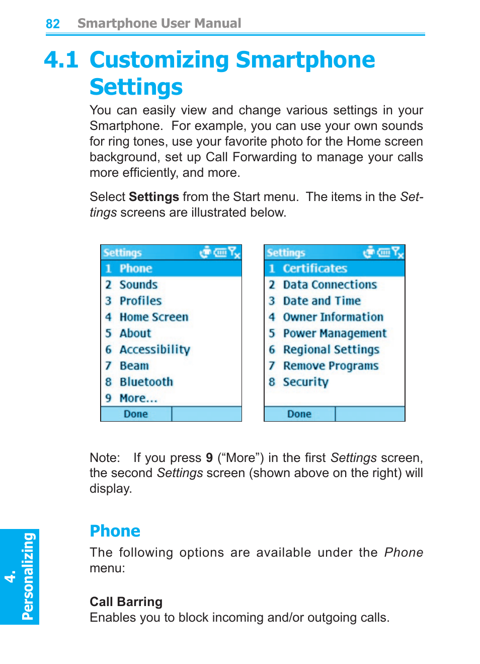 1 customizing smartphone settings, Phone | Audiovox SMT5600 User Manual | Page 82 / 211