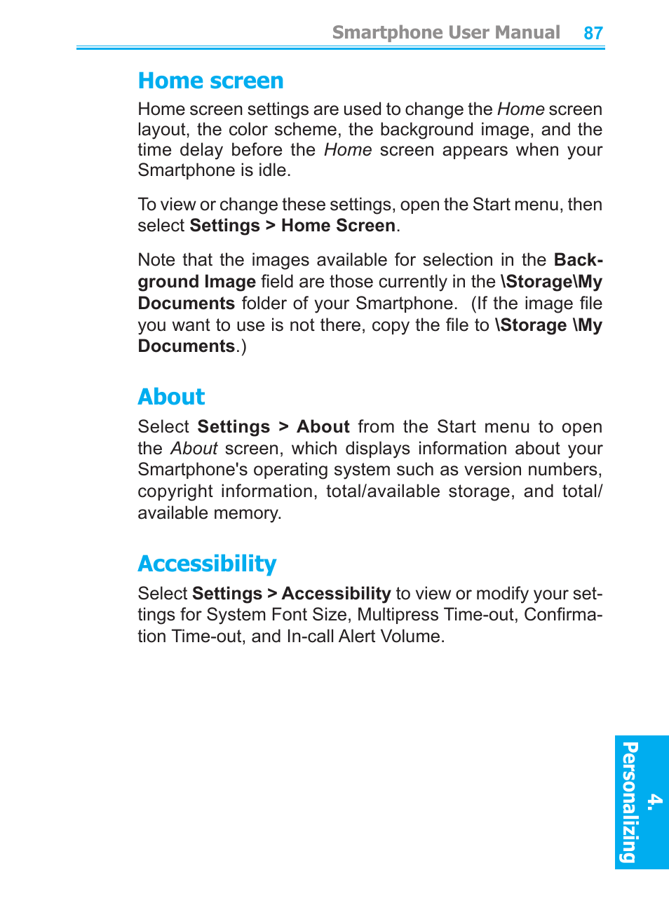 Home screen, About, Accessibility | Audiovox SMT5600 User Manual | Page 87 / 211