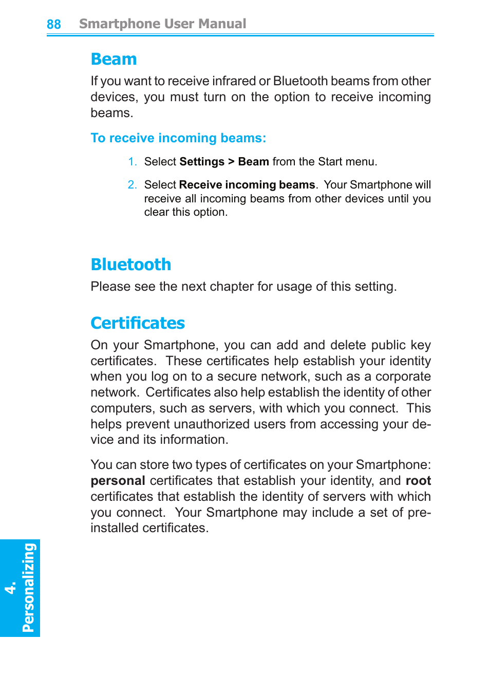 Beam, Bluetooth, Certificates | Audiovox SMT5600 User Manual | Page 88 / 211