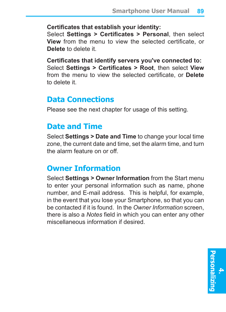 Data connections, Date and time, Owner information | Audiovox SMT5600 User Manual | Page 89 / 211