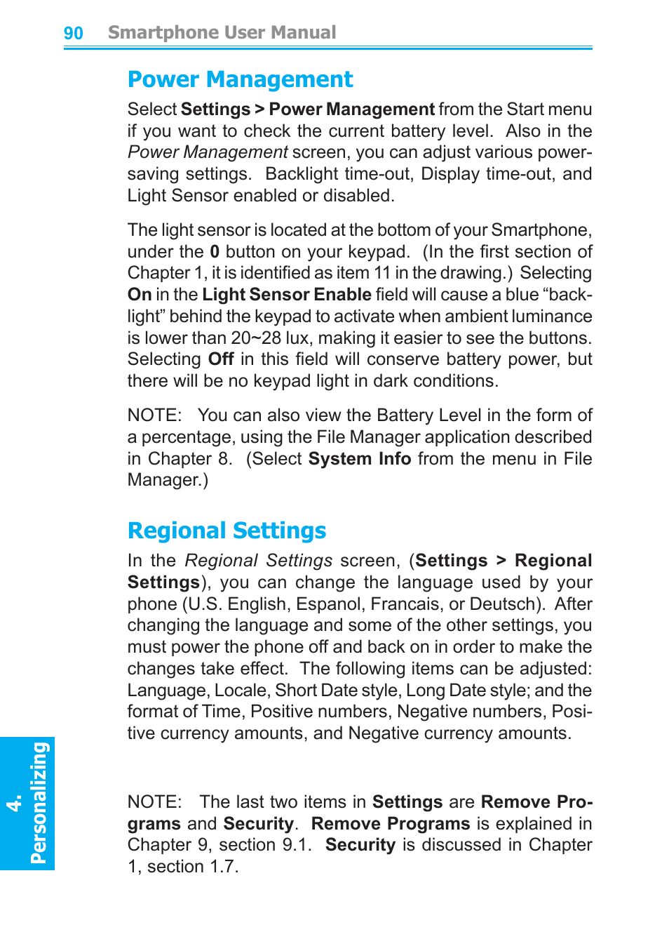 Power management, Regional settings | Audiovox SMT5600 User Manual | Page 90 / 211