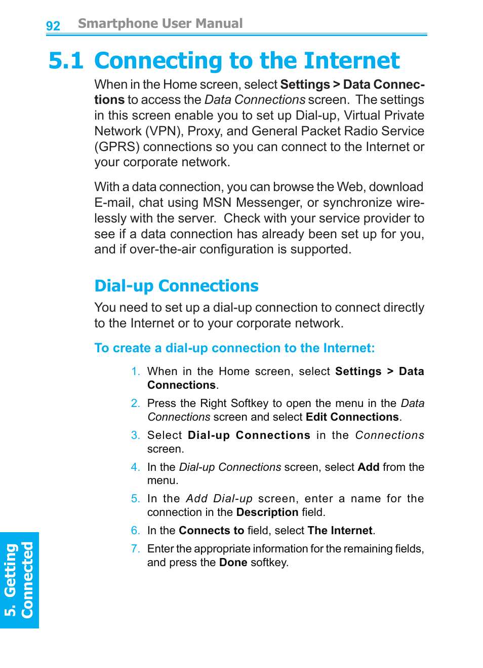 1 connecting to the internet, Dial-up connections, Getting connected | Audiovox SMT5600 User Manual | Page 92 / 211