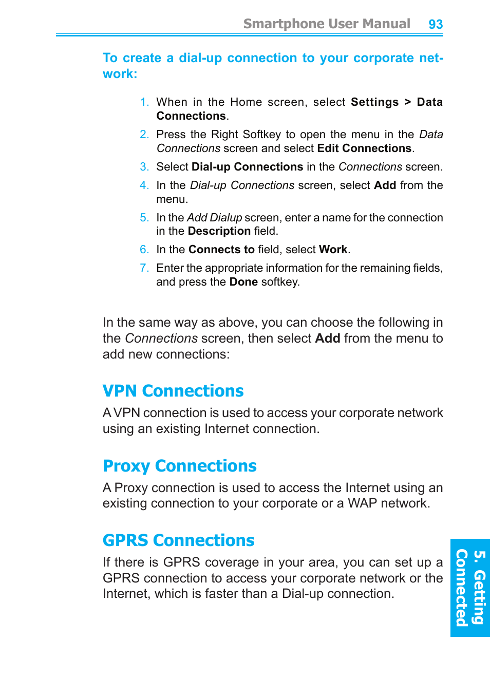 Vpn connections, Proxy connections, Gprs connections | Getting connected | Audiovox SMT5600 User Manual | Page 93 / 211