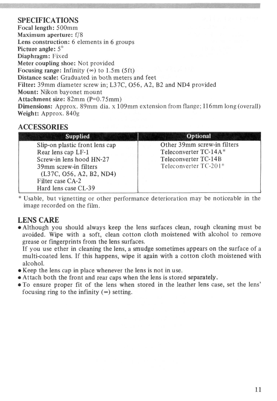 Specifications, Accessories, Lens care | Nikon Reflex - NIKKOR 500mm f-8 User Manual | Page 11 / 26
