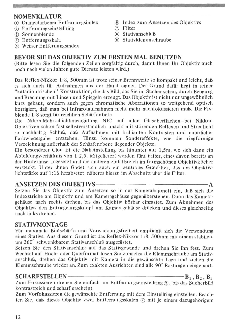 Nomenklatur, Bevor sie das objektiv zum ersten mal benutzen, Ansetzen des objektivs a | Stativmontage, Scharfstellen bj, bj, b3 | Nikon Reflex - NIKKOR 500mm f-8 User Manual | Page 12 / 26