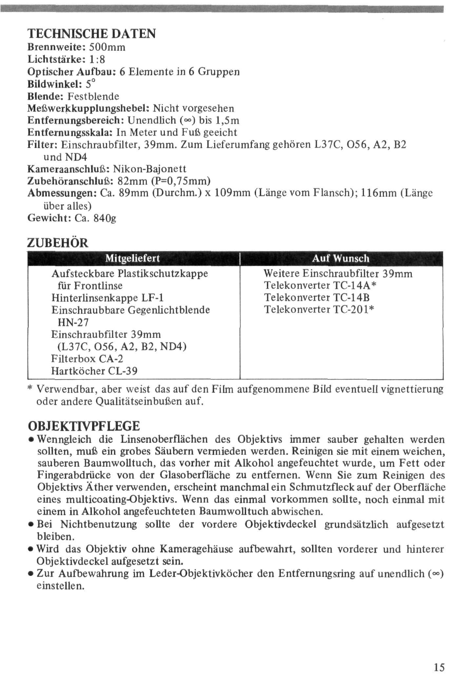 Technische daten, Zubehör, Objektivpflege | Nikon Reflex - NIKKOR 500mm f-8 User Manual | Page 15 / 26
