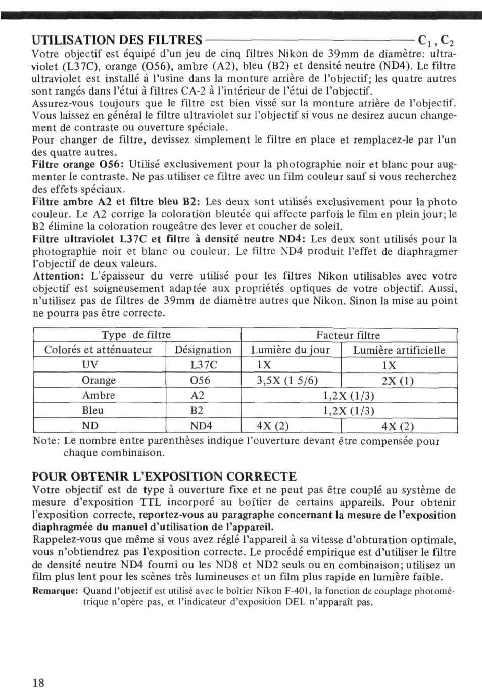 Utilisation des filtres ci, cj, Pour obtenir l’exposition correcte | Nikon Reflex - NIKKOR 500mm f-8 User Manual | Page 18 / 26