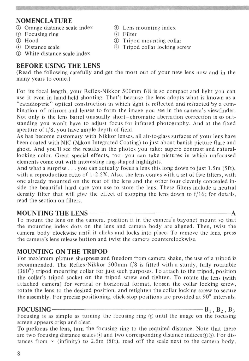 Nomenclature, Before using the lens, Mounting the lens a | Mounting on the tripod, Focusing^ b,, b2, b3 | Nikon Reflex - NIKKOR 500mm f-8 User Manual | Page 8 / 26